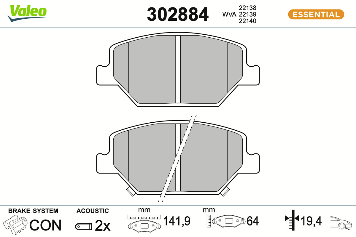 Комплект тормозных колодок, дисковый тормоз - 302884 VALEO